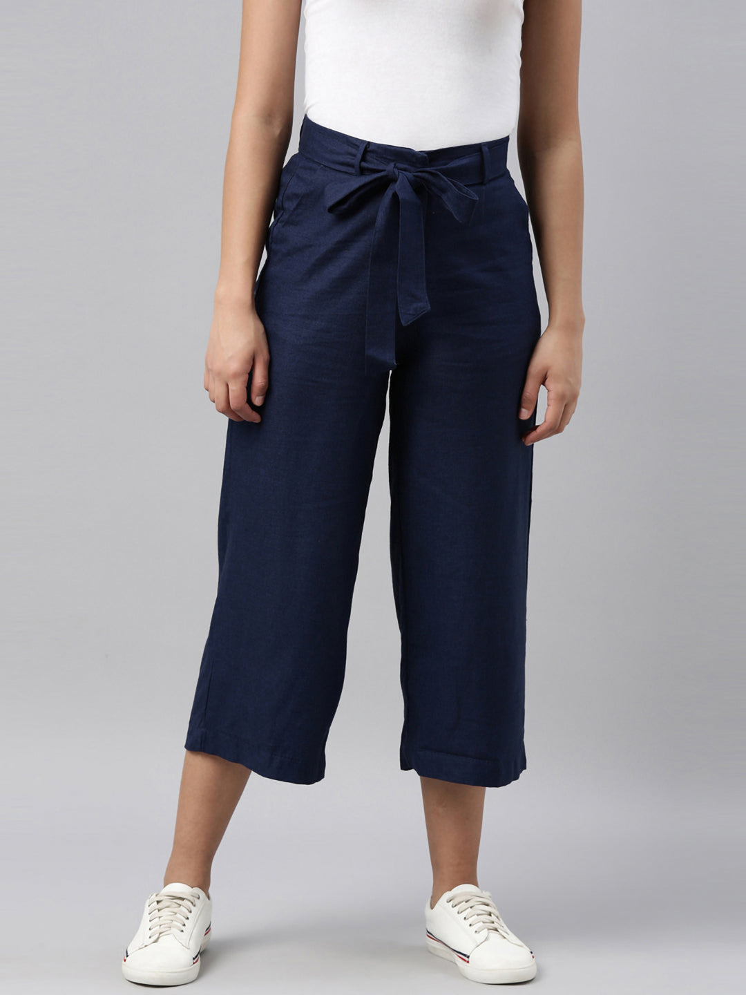 Women Solid Navy Linen Mid Rise Culottes