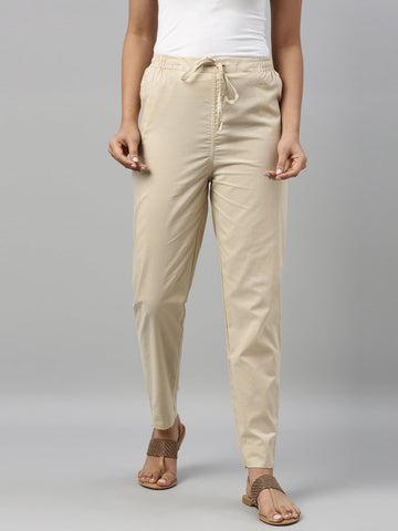 Women Solid Light Beige Comfort Fit Cotton Pants