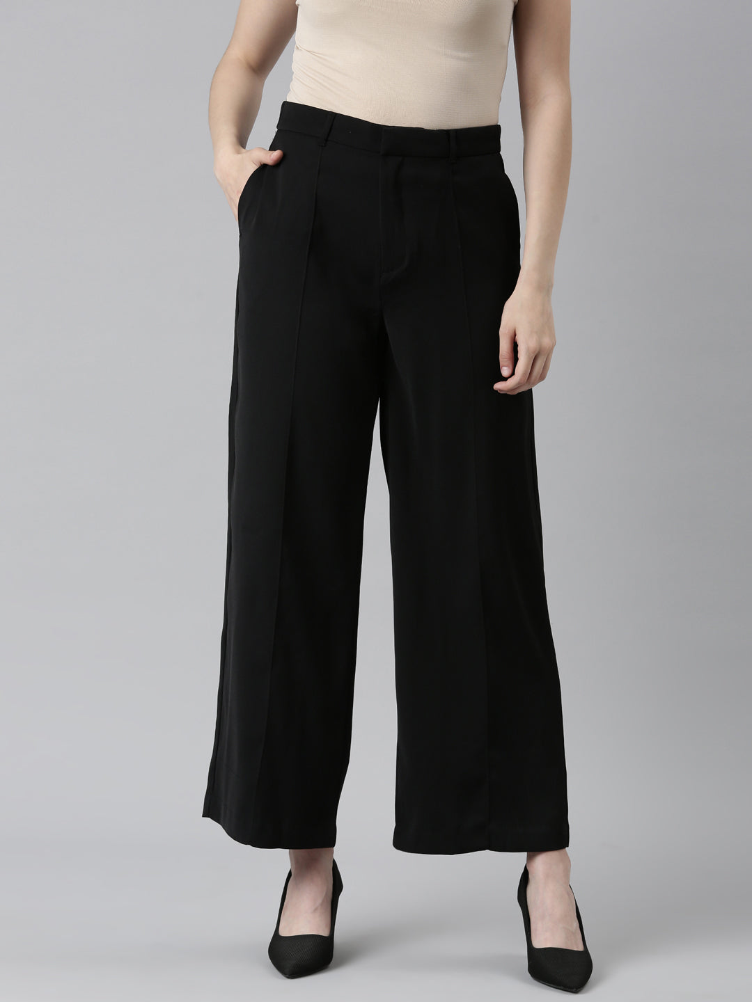 Women Solid Black High Rise Crepe Wide Pant