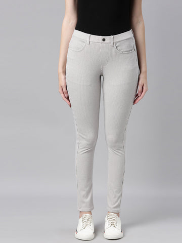 Women Off White Stripe Printed Jeggings