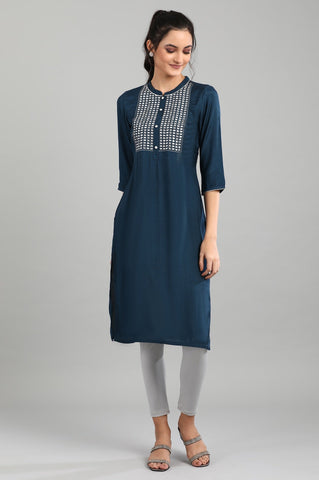 Blue Mandarin Neck Printed kurta