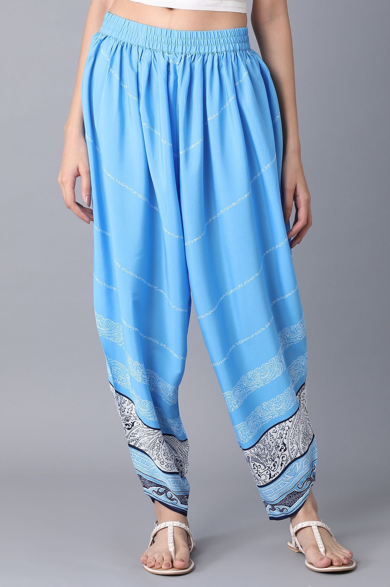 Blue Printed Flared Cotton Salwar With Elasticated Waistband