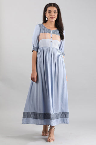 Blue Round Neck yarn-dyed Liva Dress