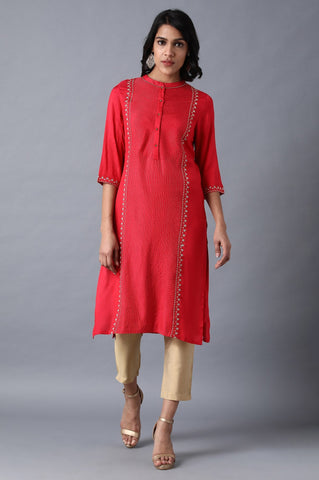 Red Mandarin Neck Embroidered kurta