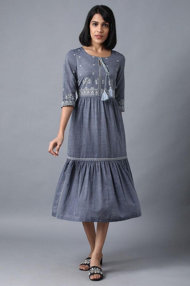 Blue Round Neck Tiered Dress