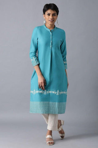 Teal Mandarin Neck Printed kurta