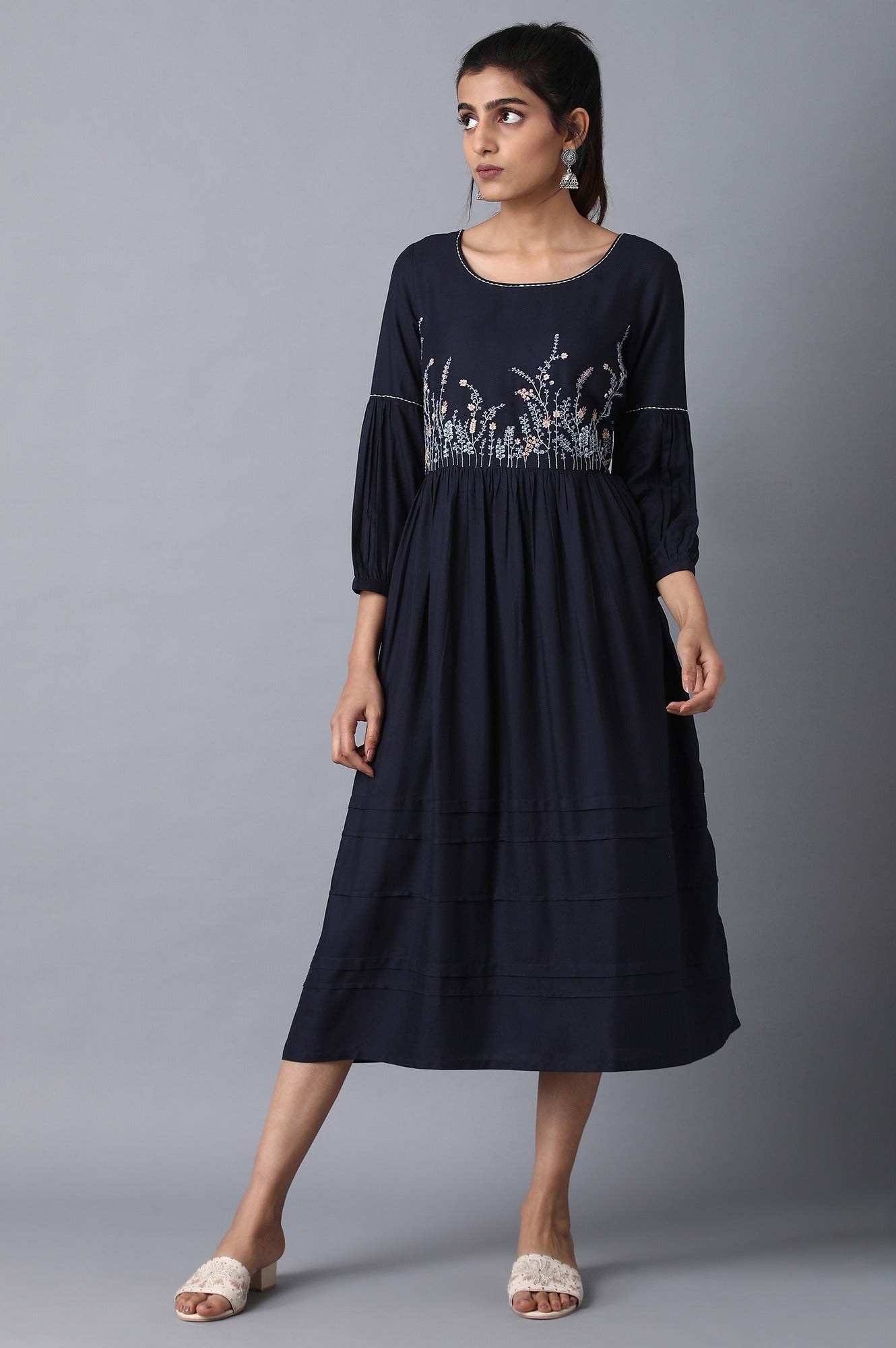 Blue Round Neck Gathered Dress