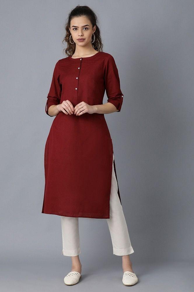 Maroon Round Neck Solid kurta