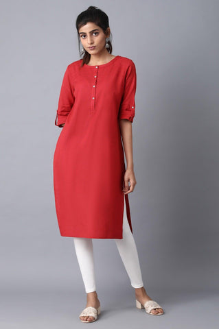 Red Round Neck Solid kurta