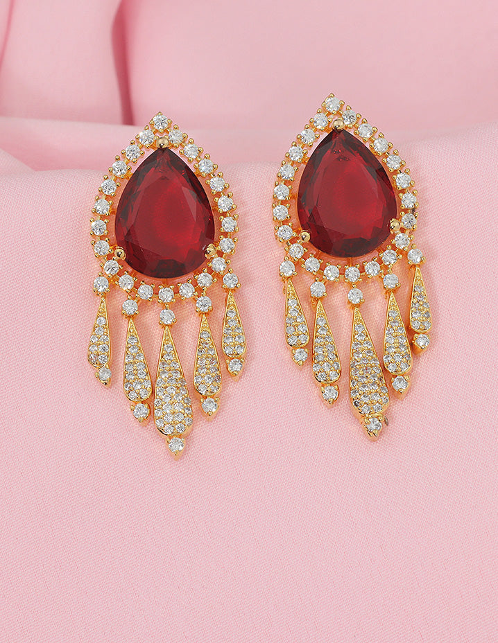 Designer Zirconia Gold Polish Crimson Royal Drop Dangler Earrings
