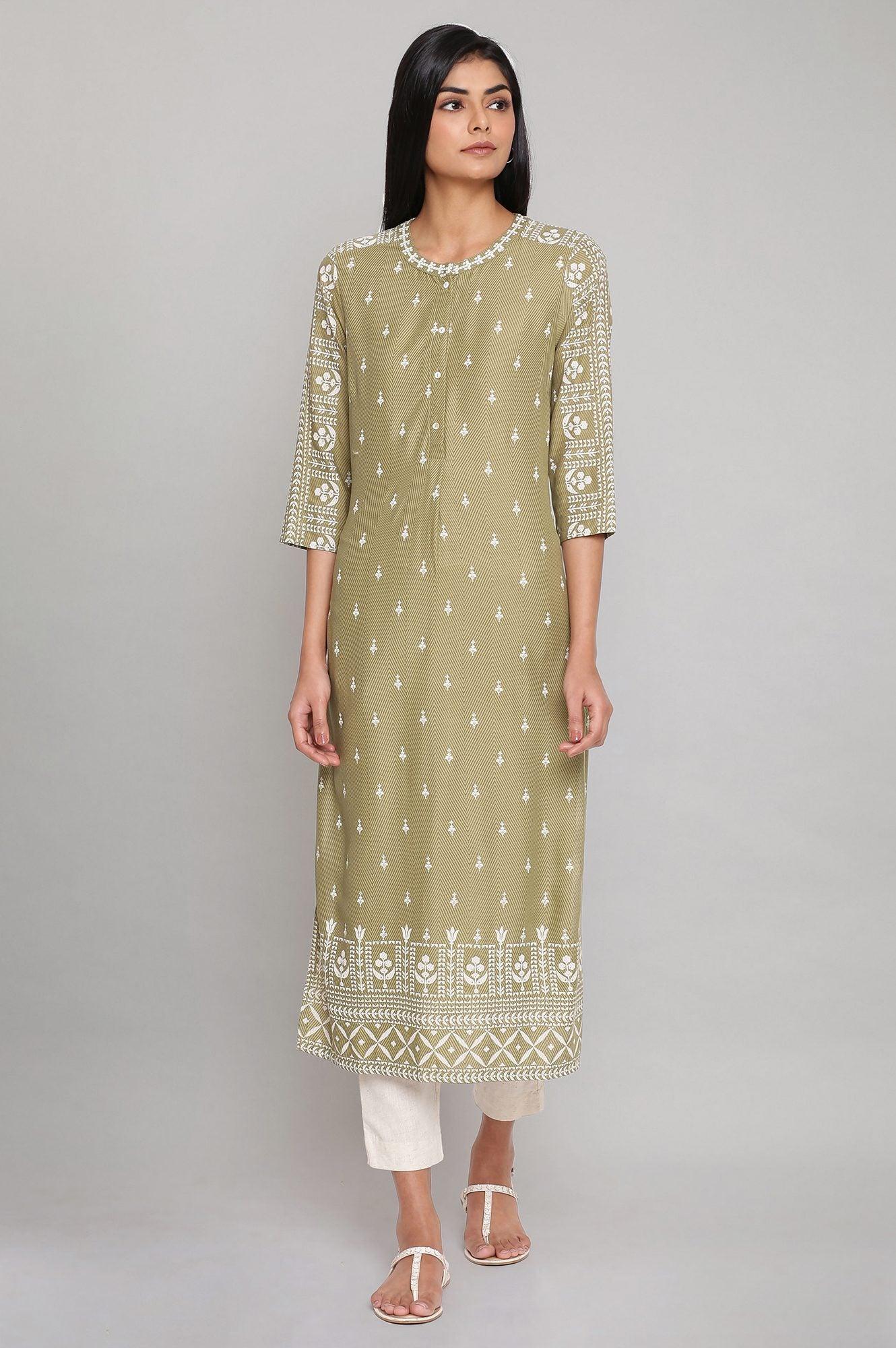 Olive Green Straight Printed kurta