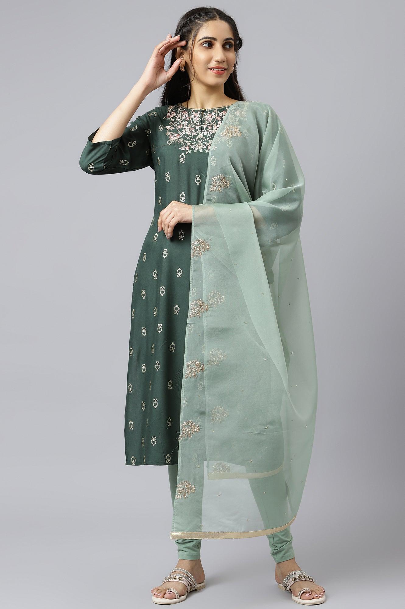 Green Embroidered Straight kurta-Solid Tights-Dupatta Set