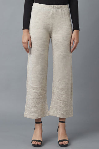 Beige Pointelle Flared Acrylic Palazzo With Elasticated Waist