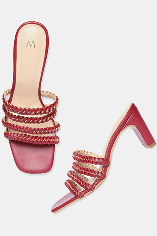 Maroon Woven Design Square Toe Block Heel-Wdarcie