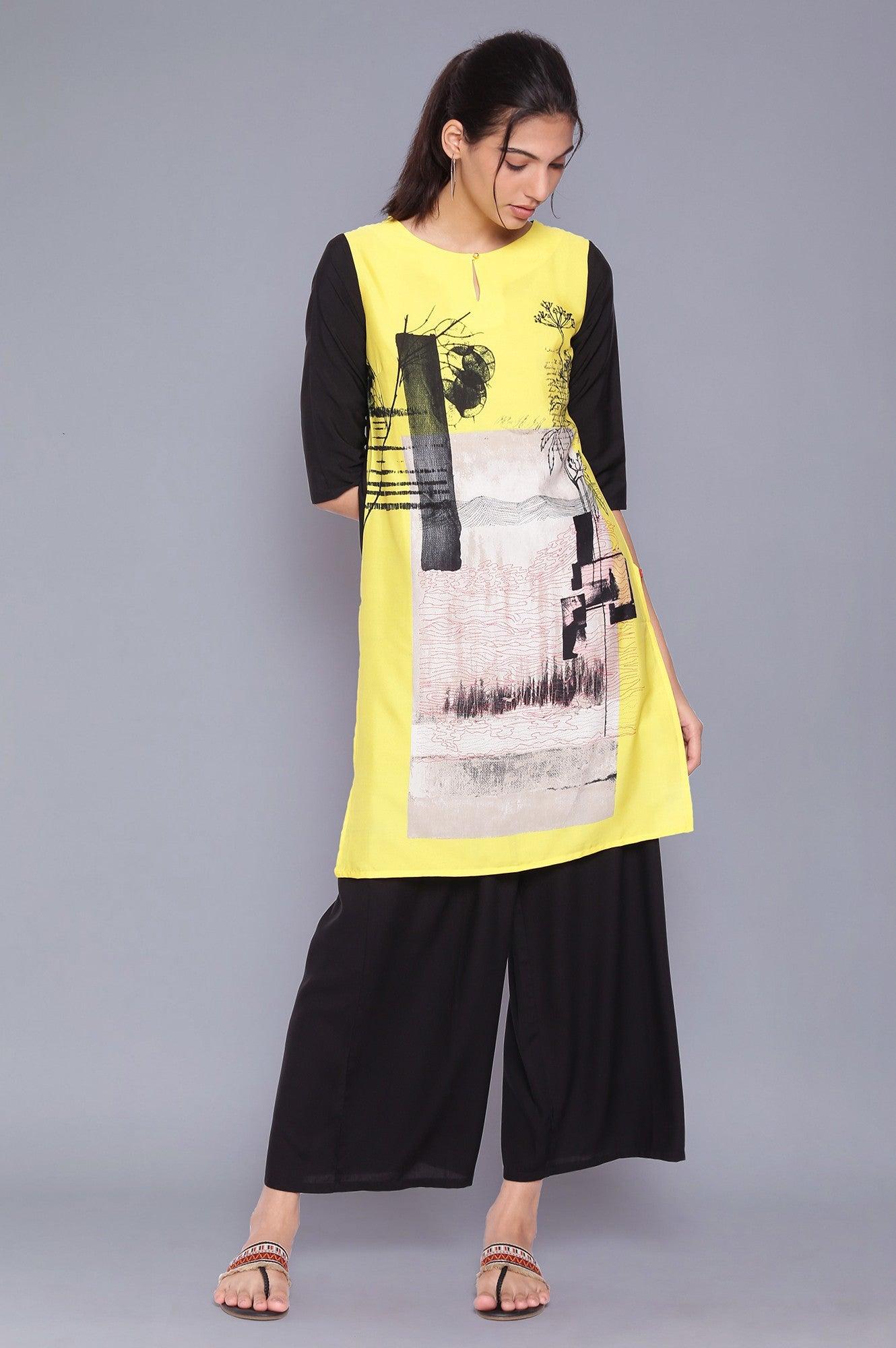 Yellow And Black Printed kurta- Black Parallel Pants Set