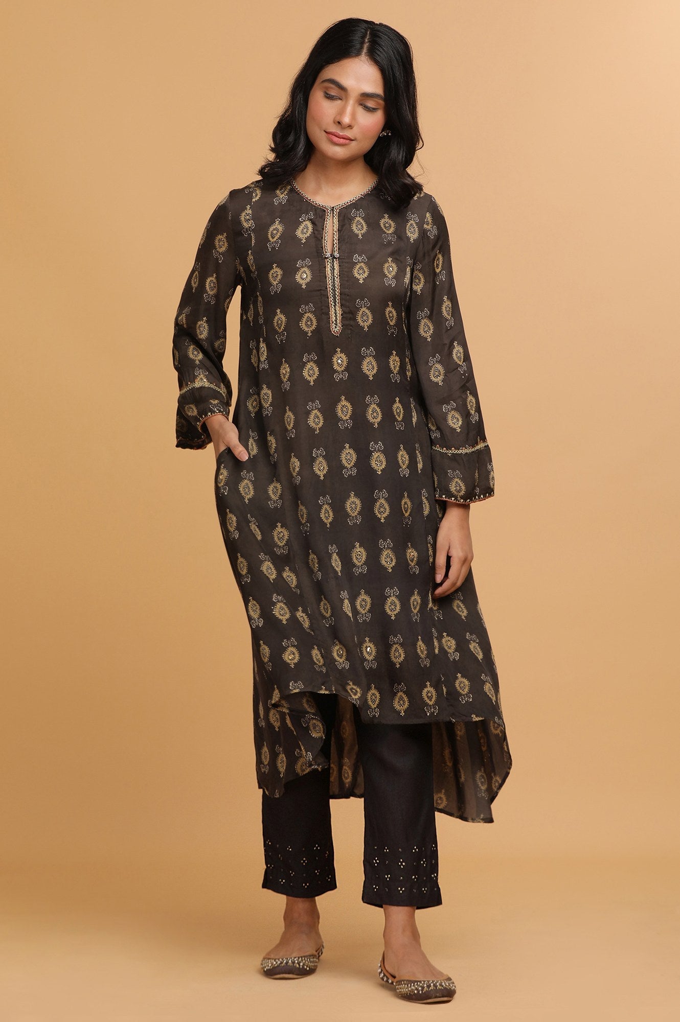 Dark Grey Ajrakh Print kurta in Lustrous Satin