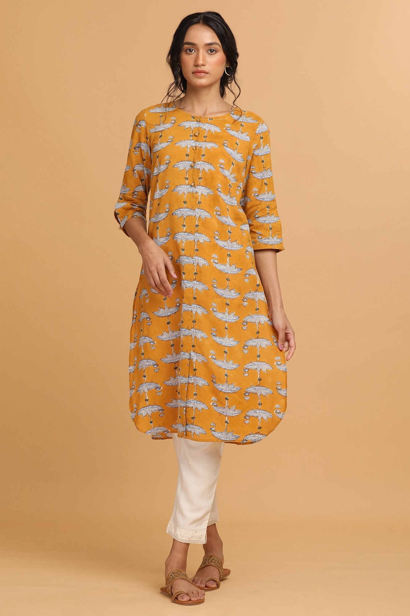 Mustard Hand Block Print kurta in Boat Motif