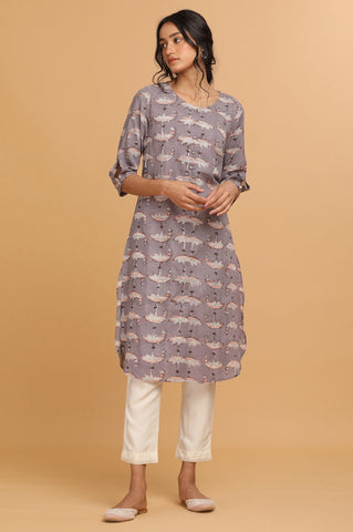 Lilac Hand Block Print kurta in Boat Motif