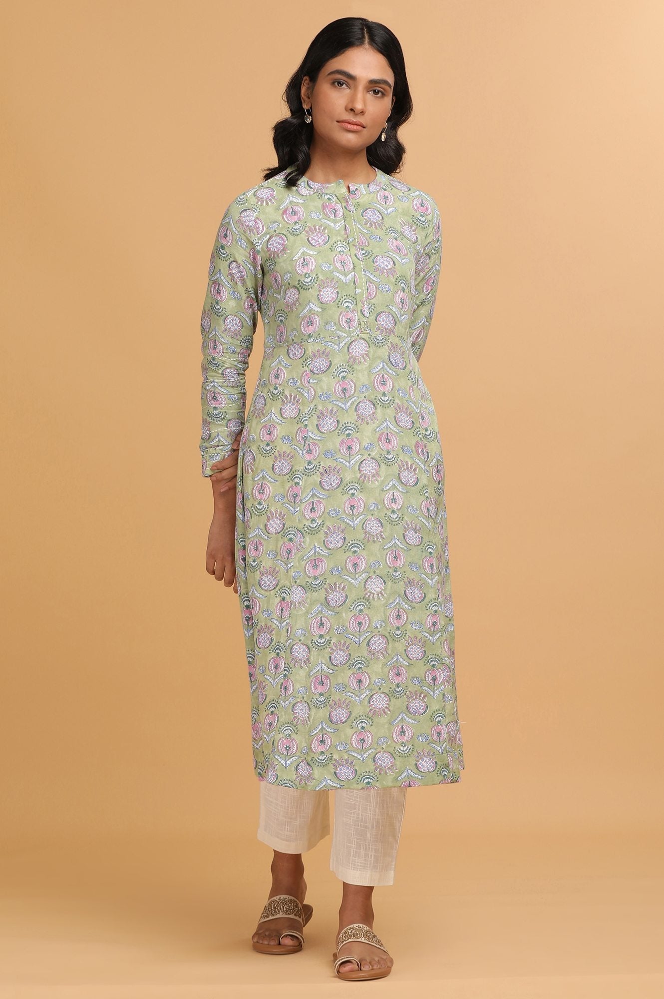 Green Hand Block Print Flared kurta