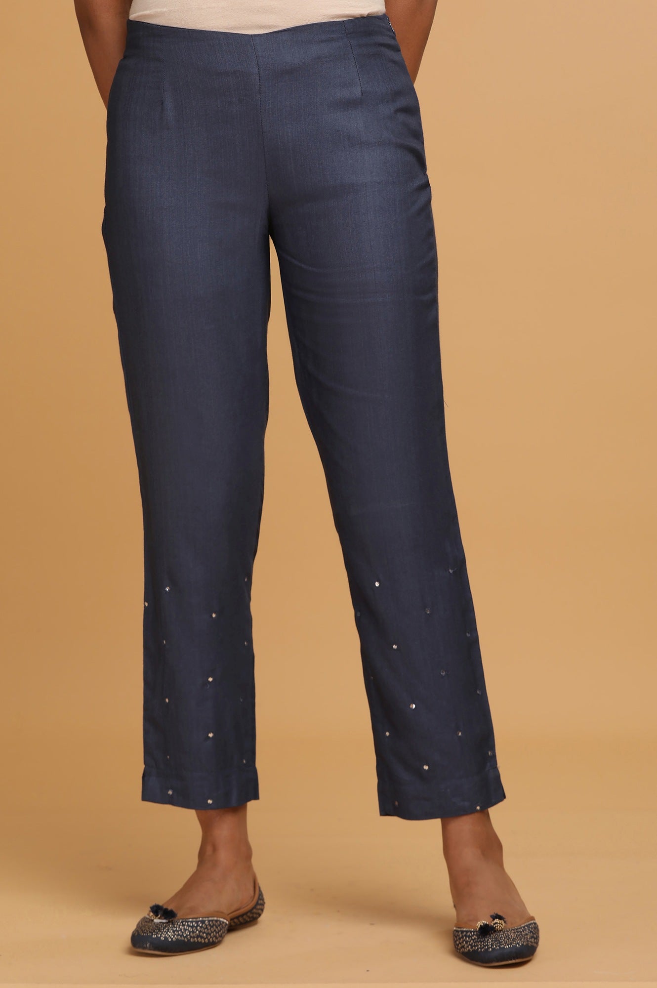 Blue Solid Slim Pants