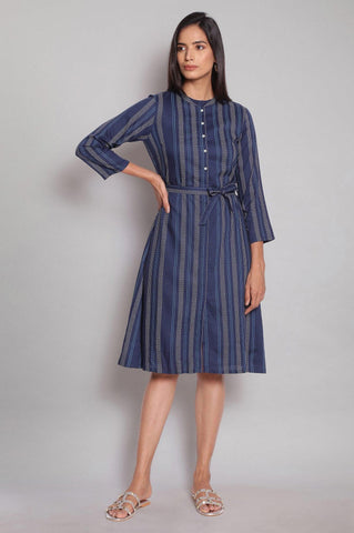 Navy Blue Stripe Print Shirt Dress