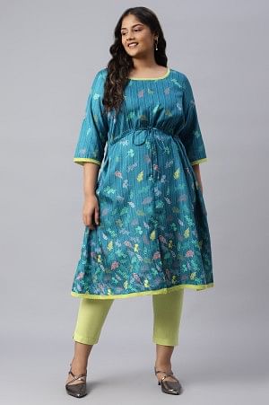 Blue A-line Floral Print Plus Size kurta