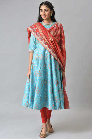 Blue Foil Printed Kurta with Red Tights and Printed Dupatta Set