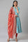 Blue Foil Printed Kurta with Red Tights and Printed Dupatta Set