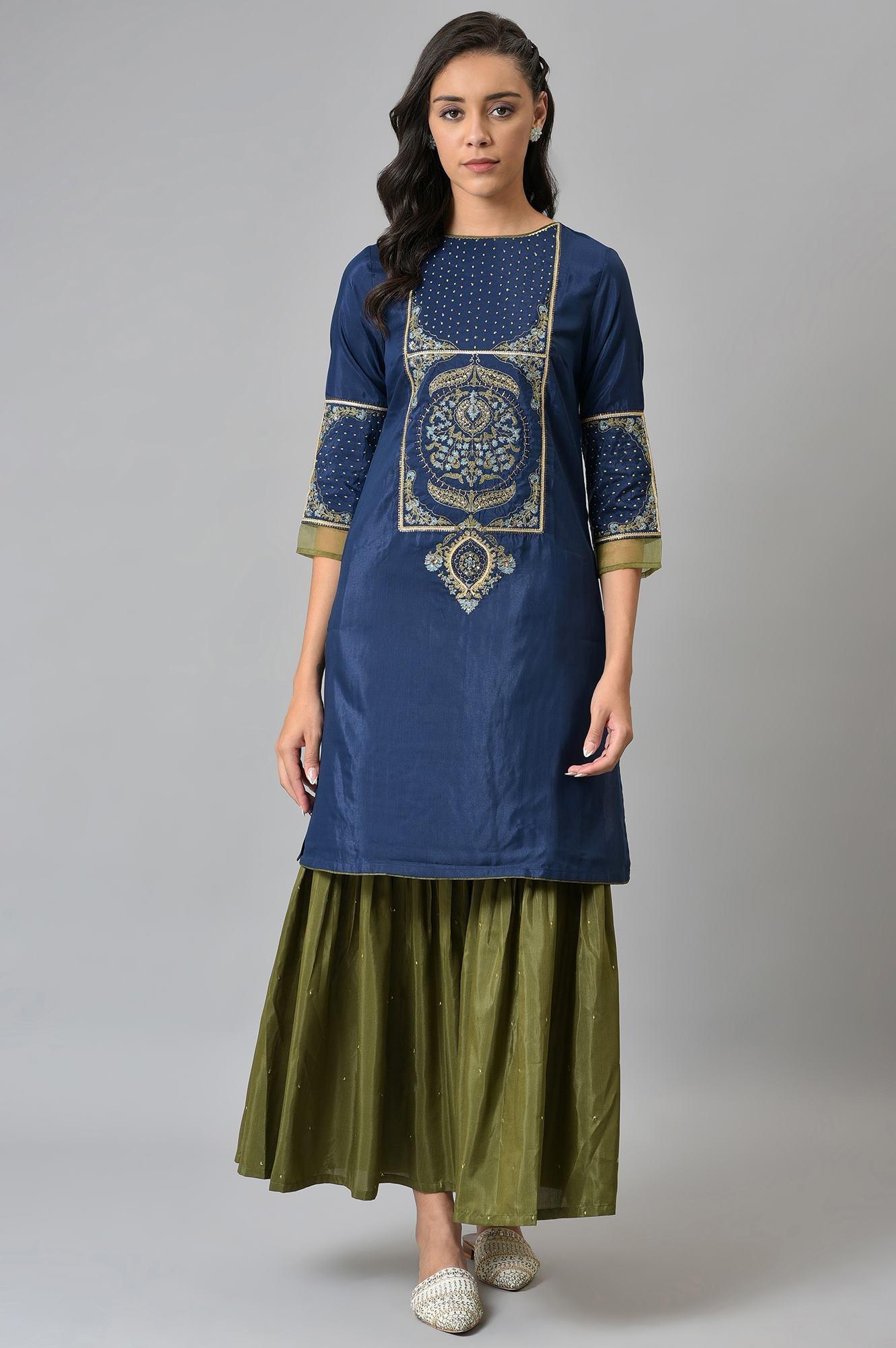 Royal Blue Embroidered kurta With Olive Green Sharara And Dupatta