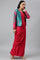 Coral Red Sleeveless Predrape Saree Dress With Belt And Tailored Jacket Set