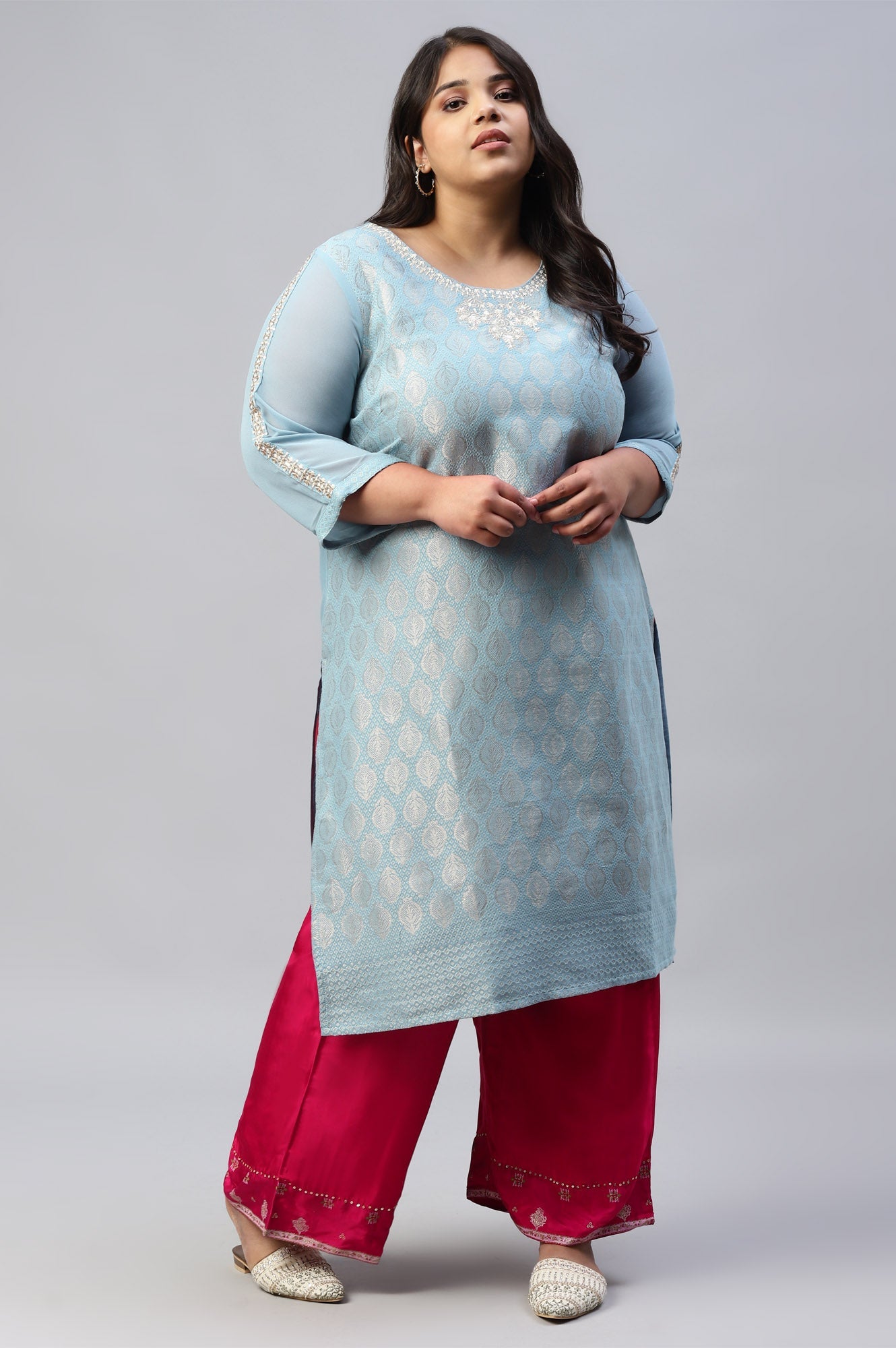 Sky Blue Jacquard Plus Size kurta With Embroidery