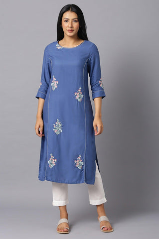 Dark Blue Embroidered kurta In Round Neck