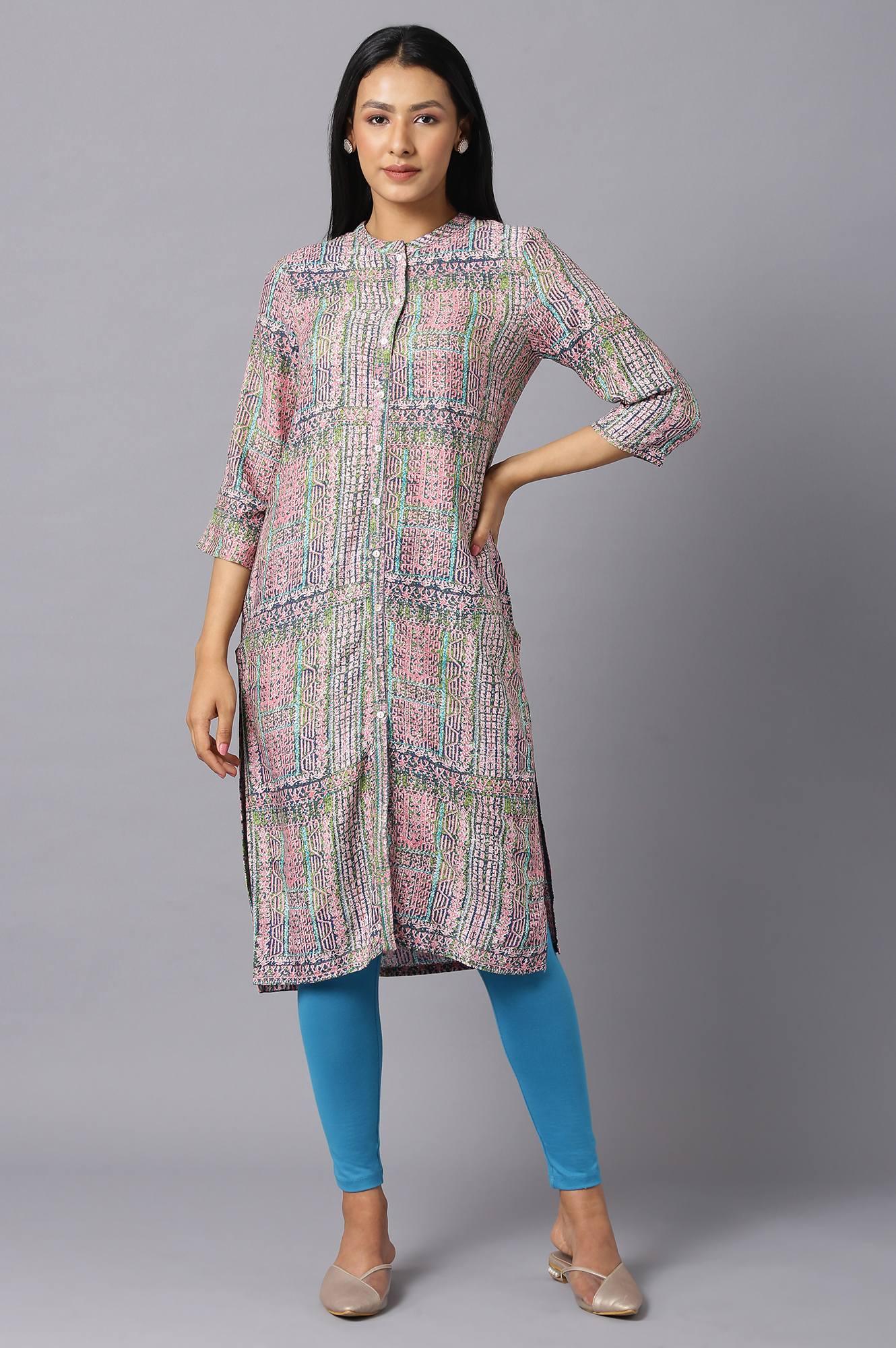 Lavender A-Line kurta With Multi-Coloured Floral Print