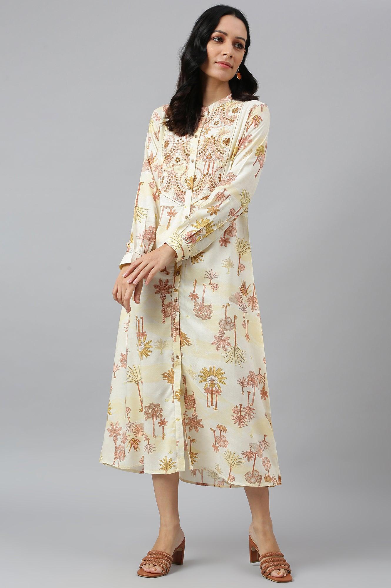 Ecru Embroidered A-Line Shirt Dress