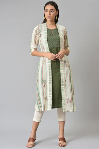 Green Schiffli kurta With Printed Jacket