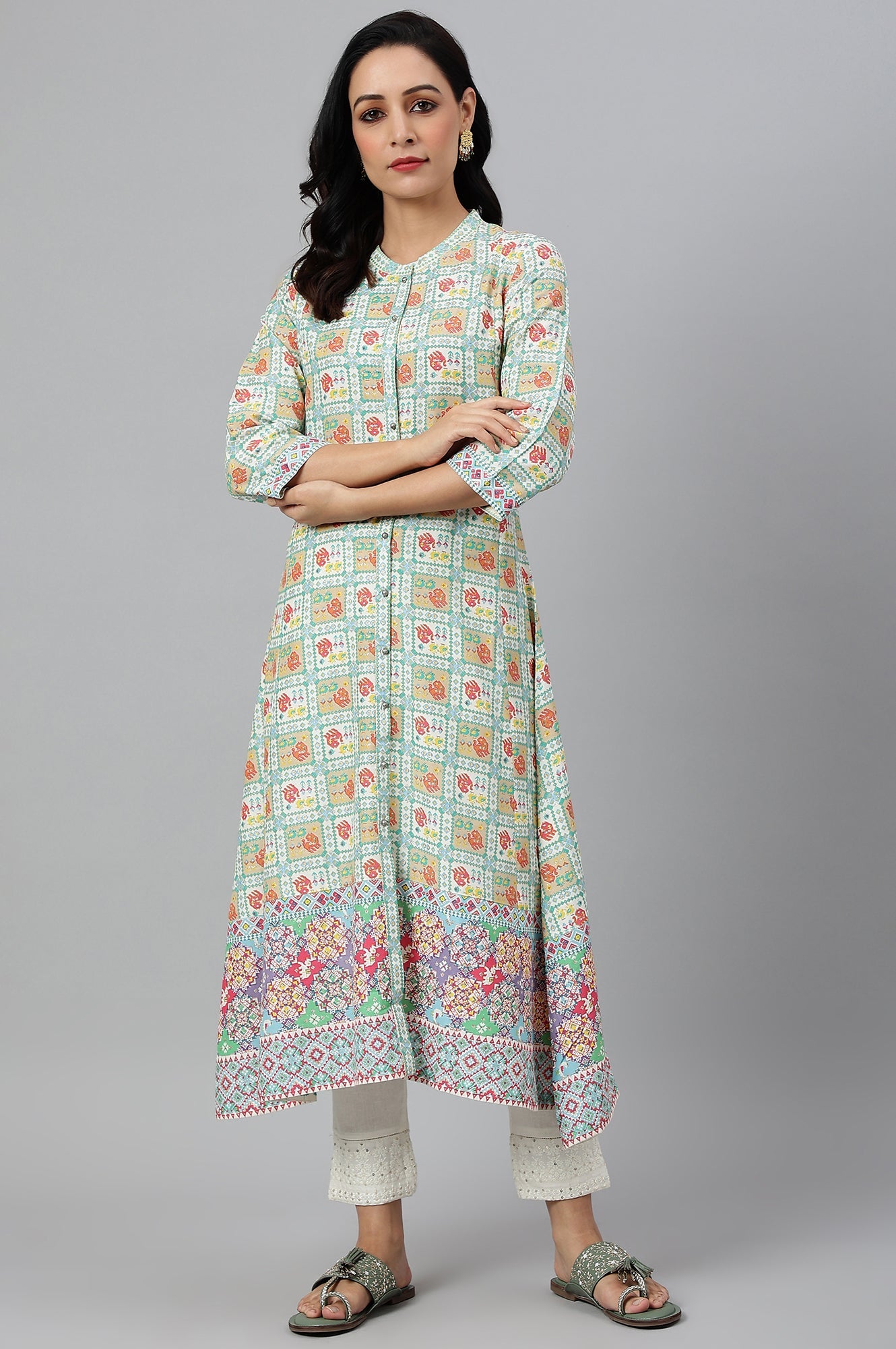 Ecru and Multicoloured Printed Flared Kurta