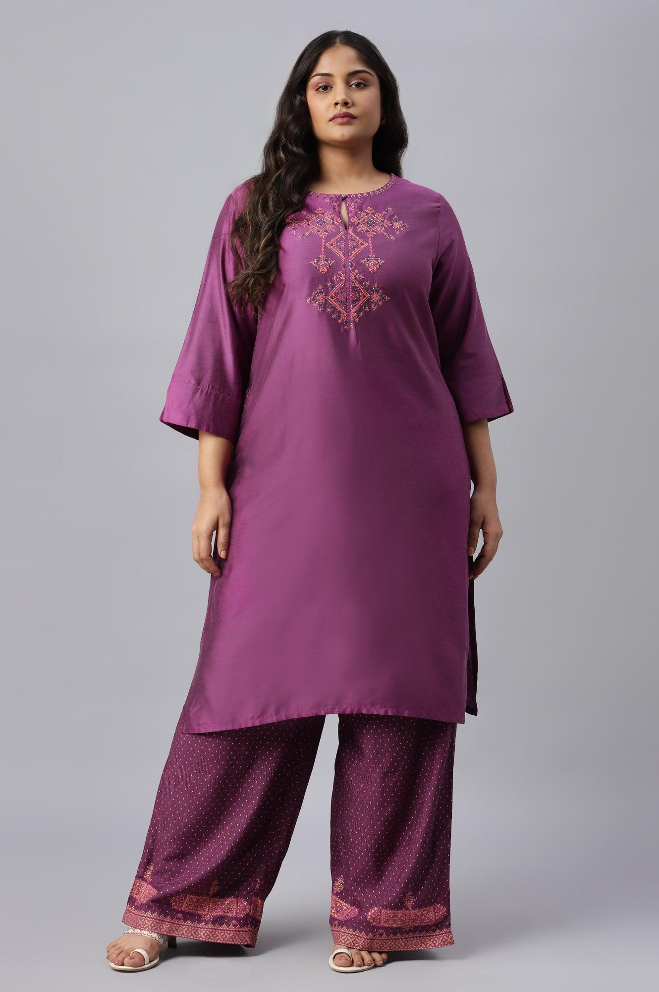 Plus Size Purple Embroidered Straight kurta