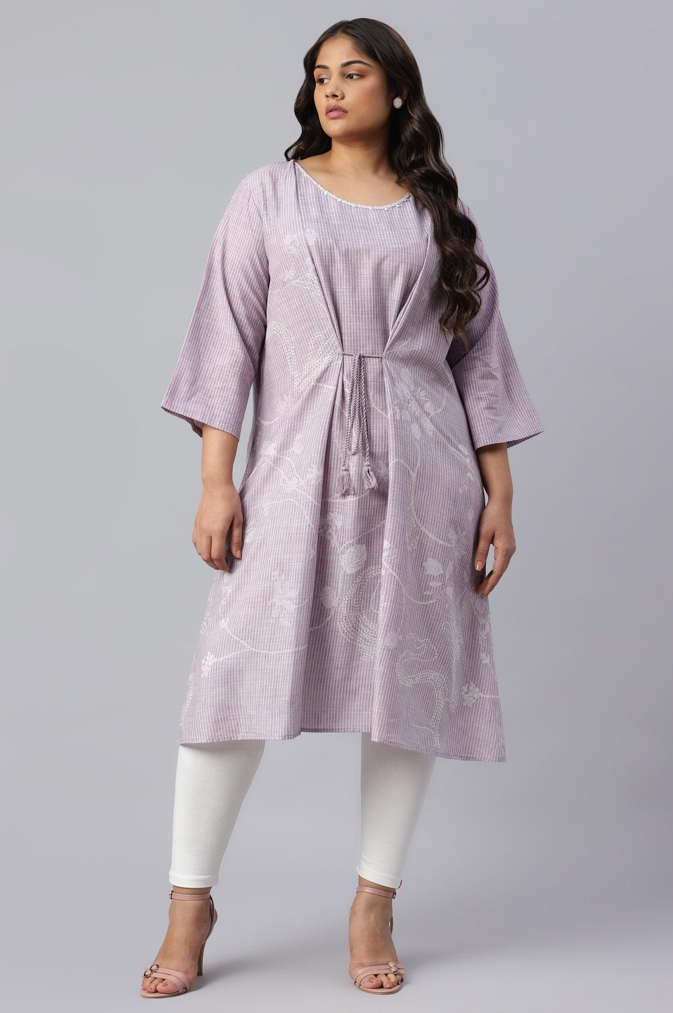 Plus Size Lilac Embroidered Mock Layer kurta