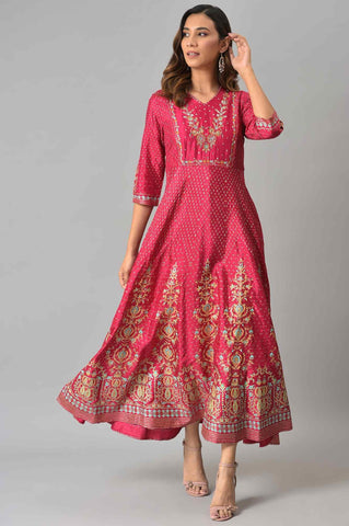 Dark Pink Floral Print Kalidar Dress