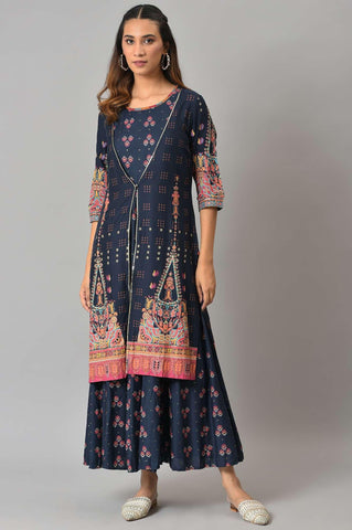 Dark Blue Printed Duo Dress Set