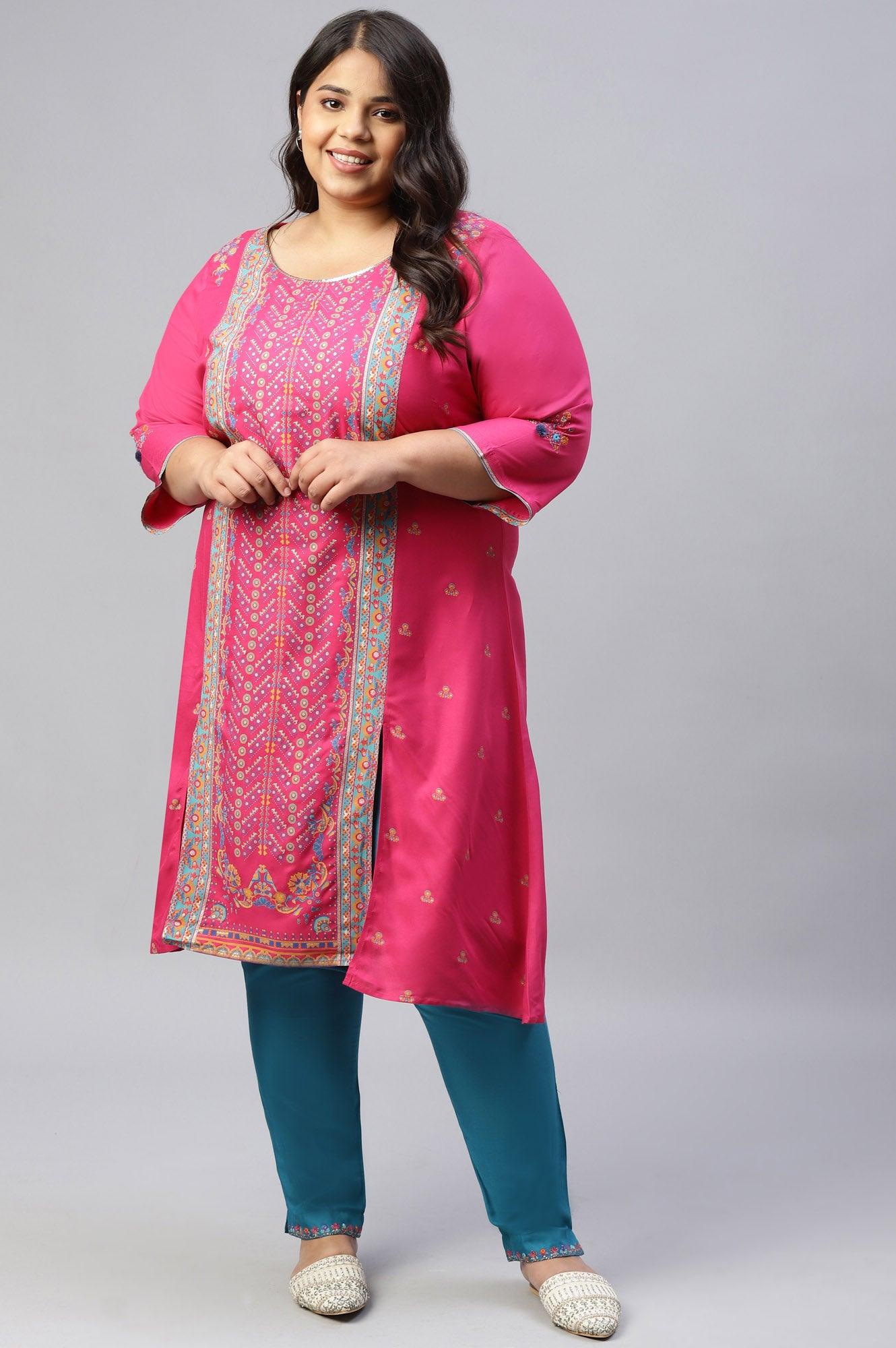 Pink Placement Printed Festive Plus Size kurta