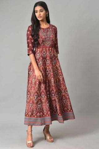 Brown Printed And Embroidered Panelled Festive Plus Size Dress