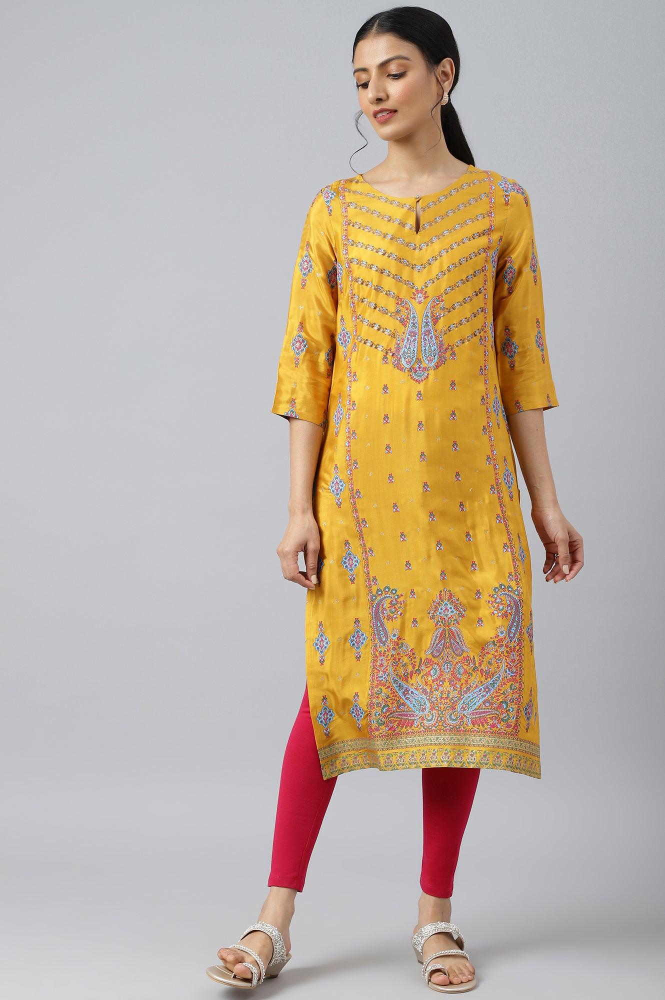 Mustard Glitter Printed Shantung kurta