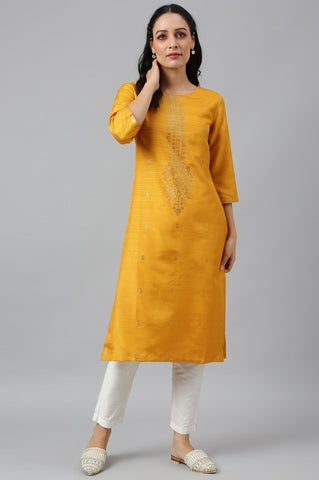 Mustard Karnatka Silk Mukaish Print kurta