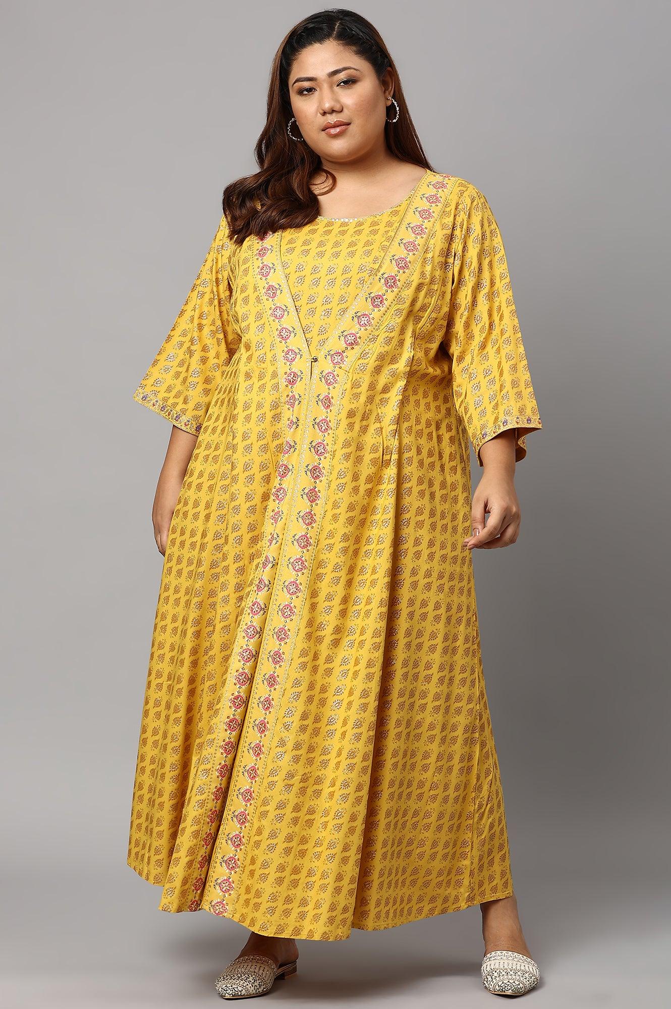 Yellow Glitter Printed Mock Layered Embellished Plus Size Kimono Jumpsuit