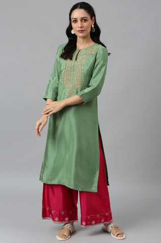 Green Straight kurta With Embroidered Yoke