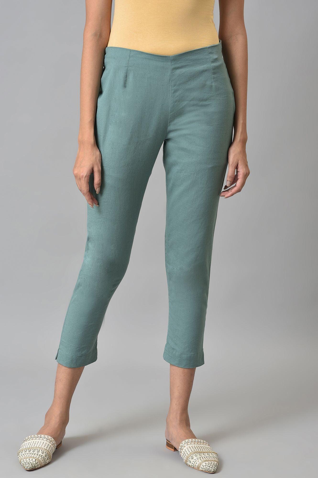 Aqua Blue Cotton Blend Slim Pants