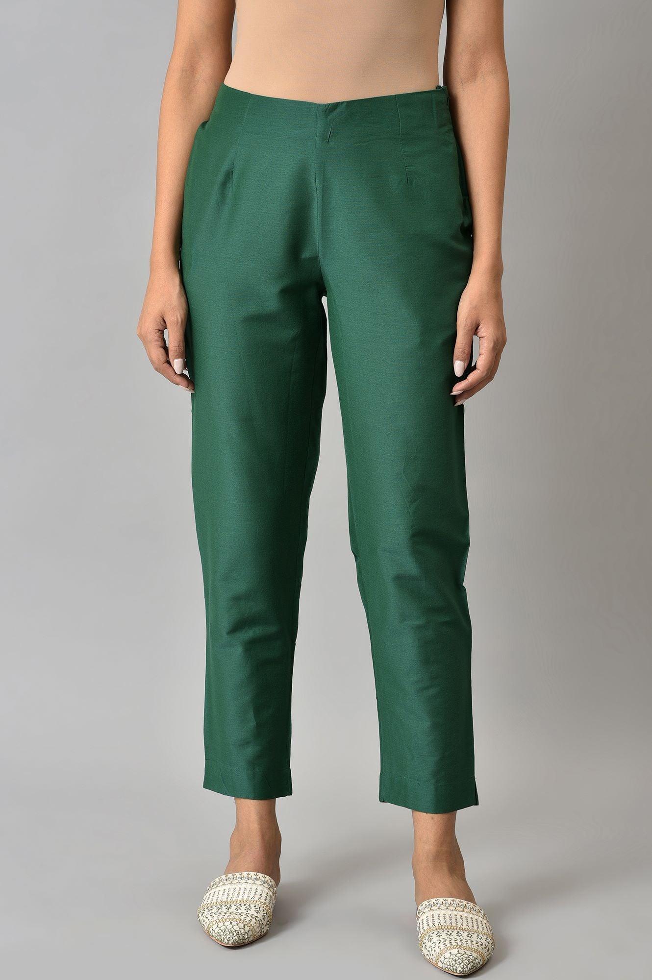 Dark Green Solid Women'S Slim Pants