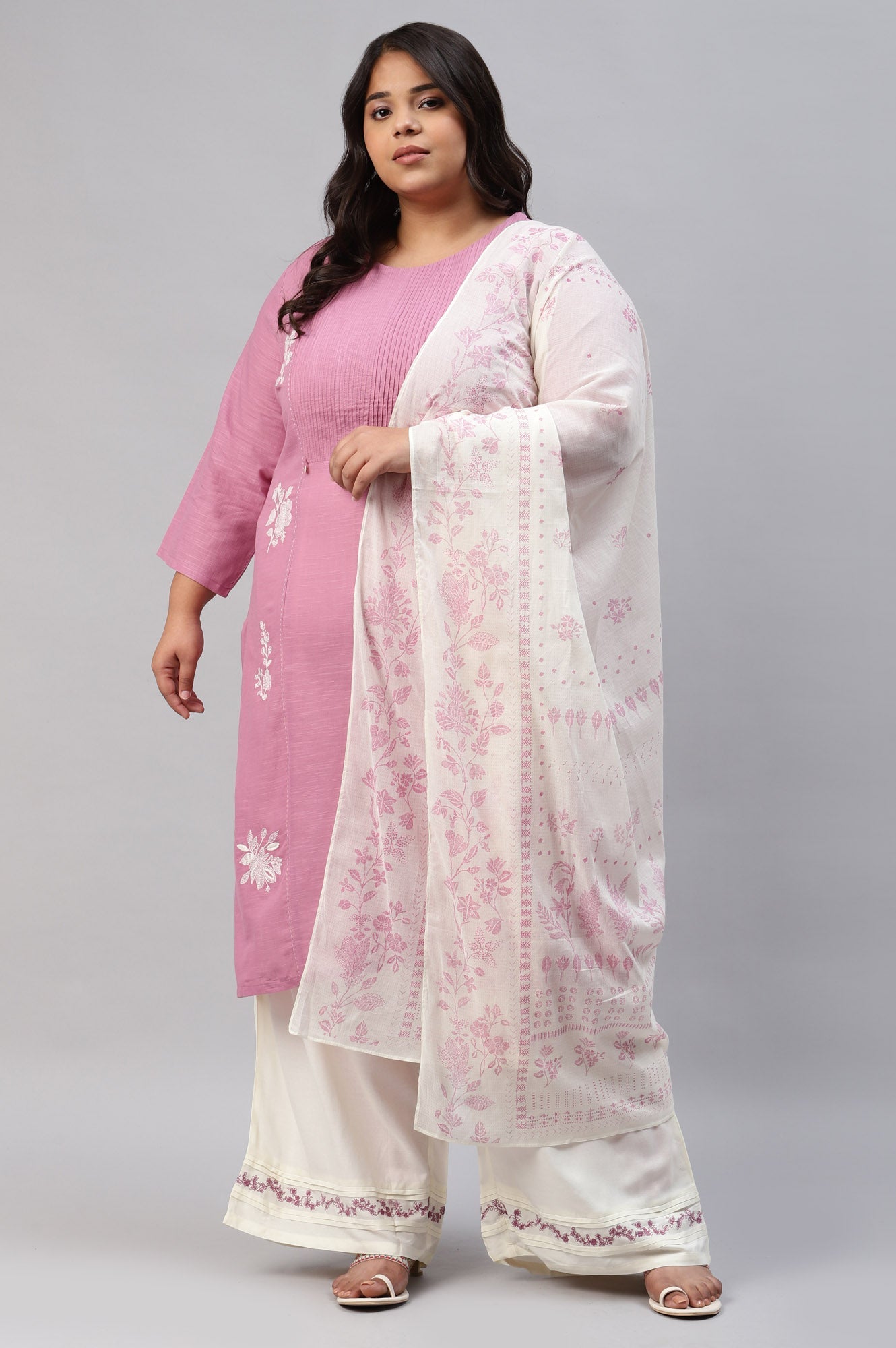 Liva Eco Plus Size Pink Embroidered kurta Off-White Pants And Dupatta Set