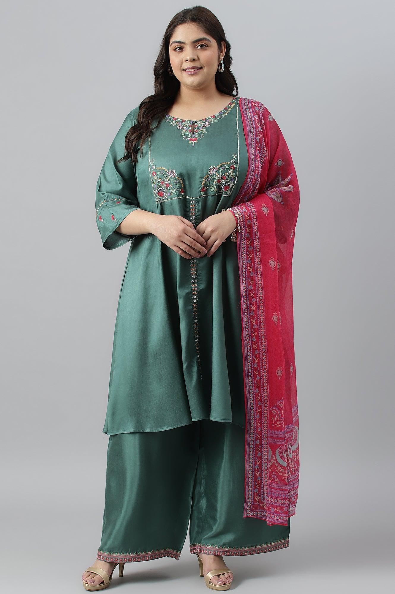 Plus Size Dark Green Embroidered kurta With Parallel Pants And Pink Printed Dupatta